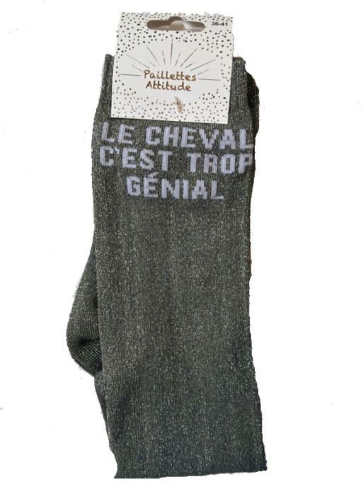 Chaussettes d'équitation pailletées ''Le cheval c'est trop génial'' Paillettes Attitude