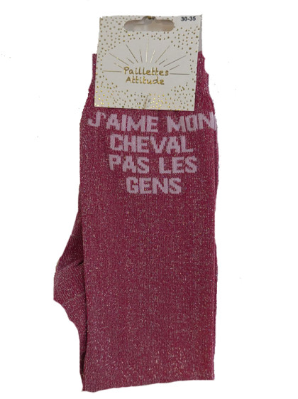 Chaussettes d'équitation enfant pailletées ''J'aime mon cheval pas les gens'' Paillettes Attitude