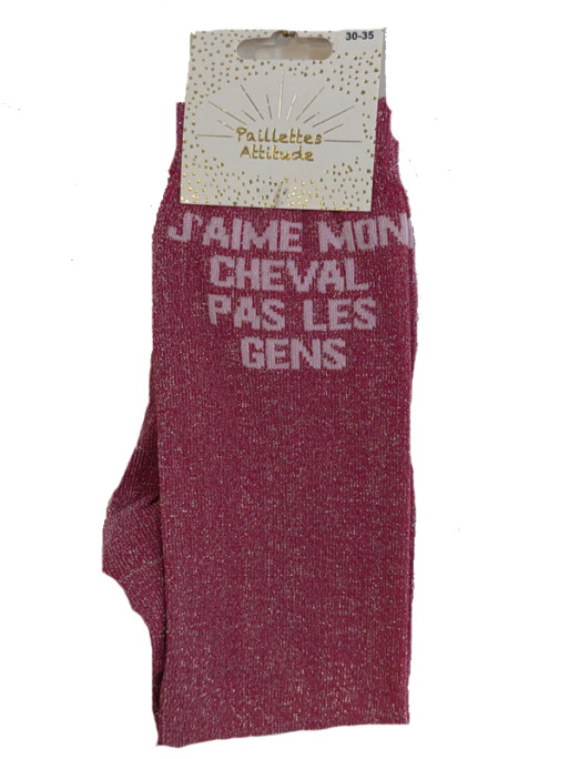 Chaussettes d'équitation enfant pailletées ''J'aime mon cheval pas les gens'' Paillettes Attitude