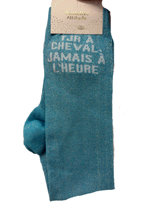 Chaussettes d'équitation pailletées ''Tjr à cheval jamais à l'heure'' Paillettes Attitude